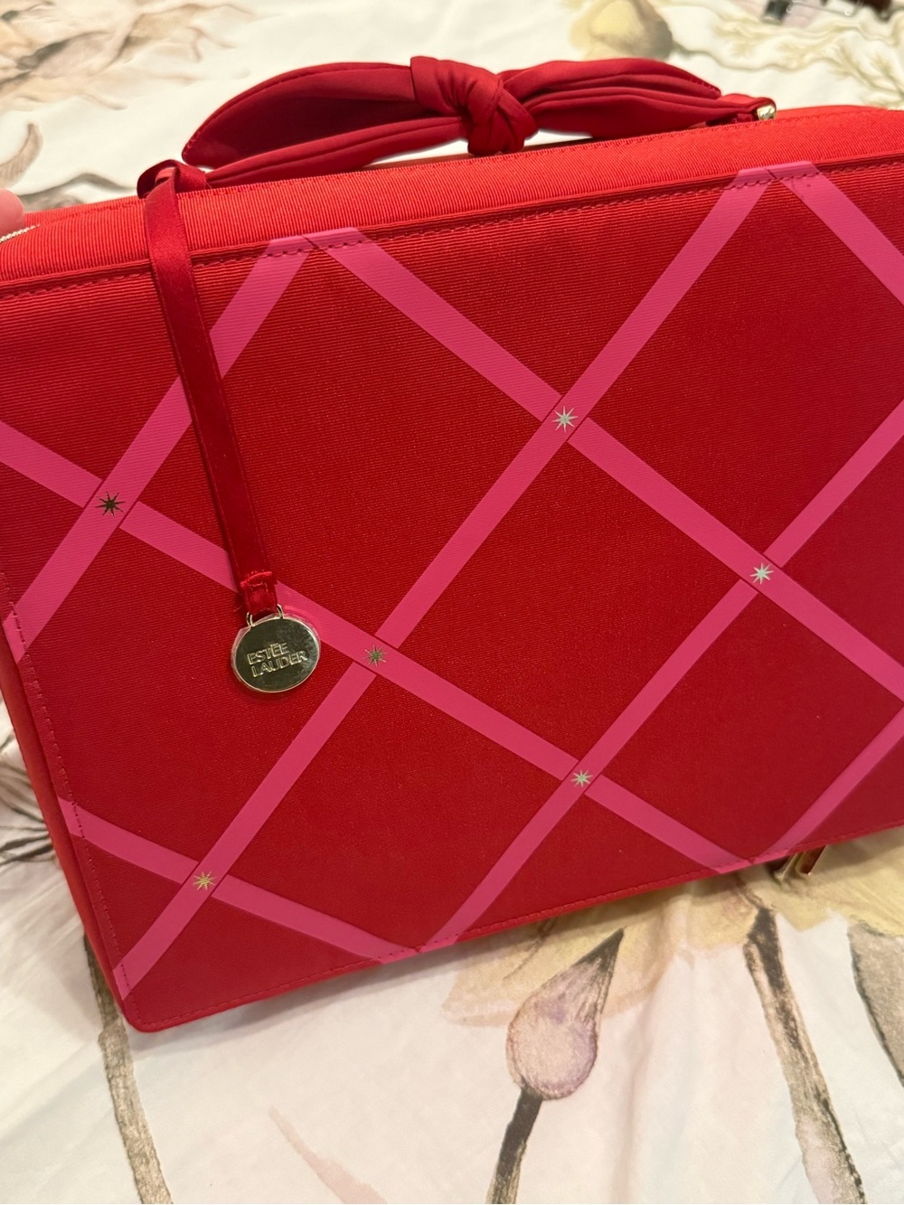 Estee Lauder Red Cosmetic Case with Pink Lattice